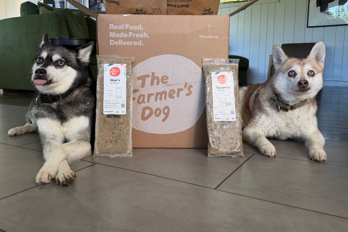 Skye and Copper pose next to The Farmer's Dog in April 2026