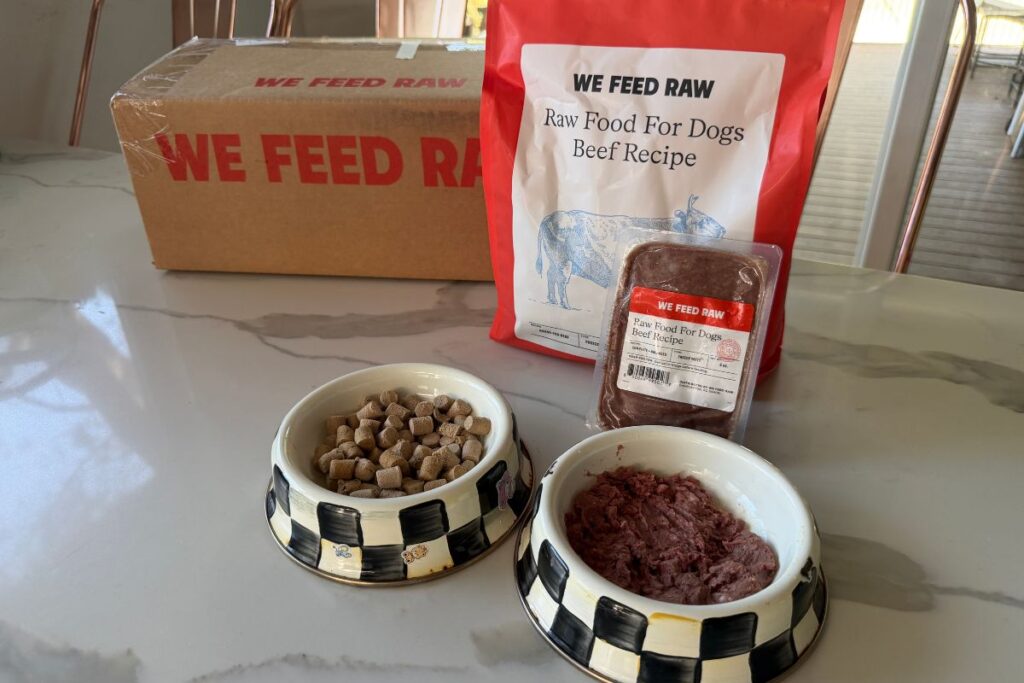 We Feed Raw freeze-dried food and raw food in the dog bowls in April 2026